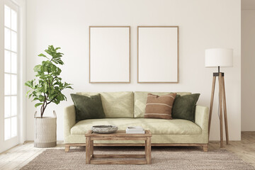 Beautiful living-room interior with green sofa. Poster mockup. 3d render.