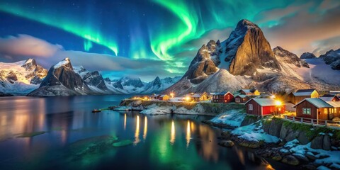 Obraz premium A majestic aurora borealis display in the night sky above Hamnoy, Norway's rugged coastline with snow-capped mountains and dark fjords , hamnoy, winter wonderland
