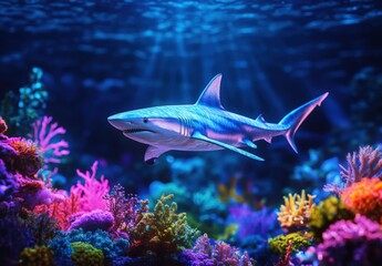 Fototapeta premium A blue and white shark swims through a colorful coral reef