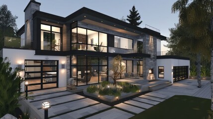 Fototapeta premium Modern architectural design of a luxurious house at dusk with landscaped garden and lighting