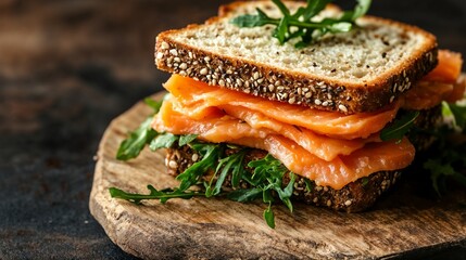 Gourmet sandwich with fresh greens and salmon on wooden board. Ideal for healthy eating, cafe menus and food service