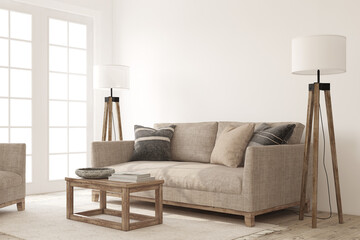 Living-room interior in scandinavian style. Interior mockup. 3d render.