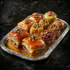 traditional baklava, highlighting layers of buttery pastry, filled with pistachios and walnuts, served on a silver tray with a drizzle of honey syrup