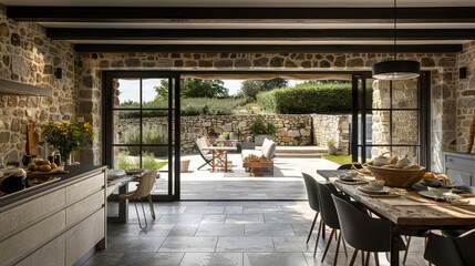 Fototapeta premium Modern rustic kitchen with stone walls, open to a serene outdoor dining area, showcasing nature