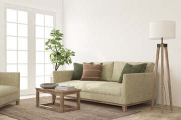 Beautiful living-room interior with green sofa. Interior mockup. 3d render.