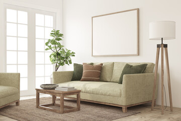 Beautiful living-room interior with green sofa. Frame mockup. 3d render.
