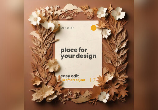 Papercraft Page Poster Mockup with Flowers and Plants