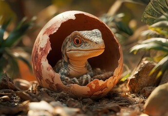 A baby dinosaur is sitting in an egg
