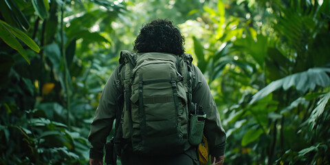Person with Backpack Walking Through Tropical Forest