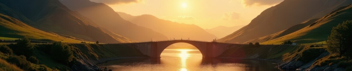 Warm sunlight bathes Kylesku Bridge, dramatic shadows on hills , sunshine, highland