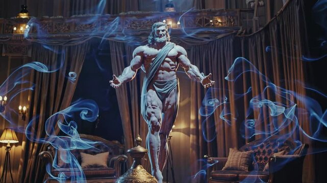 Powerful genie emerges from an ornate lamp, surrounded by mystical blue smoke, in an opulent room with elegant furniture and rich drapery, evoking a sense of magic and fantasy