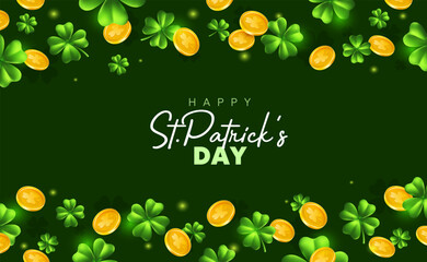 Naklejka premium Vector illustration of irish green clover and golden coin with happy saint patricks day word on green background. 3d style design of leprechaun gold and clover for st patrick day celebration