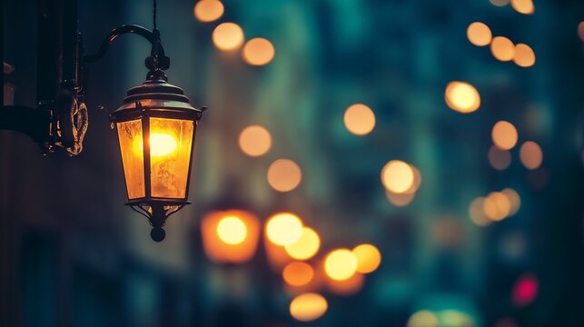 Vintage lantern with glowing bokeh lights. Represents atmospheric lighting, nostalgic themes and festive decoration