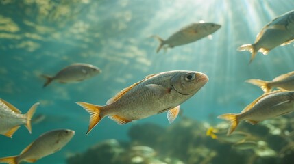 School of fish swimming in clear waters. Suitable for marine life, underwater photography and ocean conservation