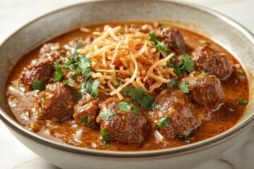 Fototapeta premium Beef stew, cilantro garnish, crispy potatoes, close-up shot, food photography