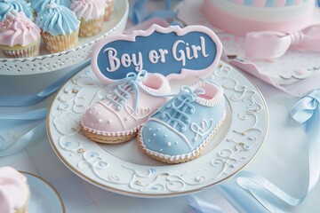 Pastel baby shower theme with gender reveal cookies and cupcakes