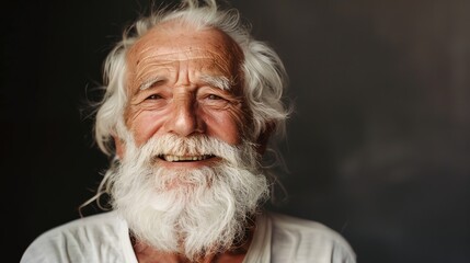 A close-up portrait of an elderly man with white hair and a beard, smiling warmly at the camera.
