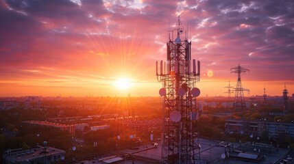 Sunset over a city skyline featuring a telecommunications tower and power lines