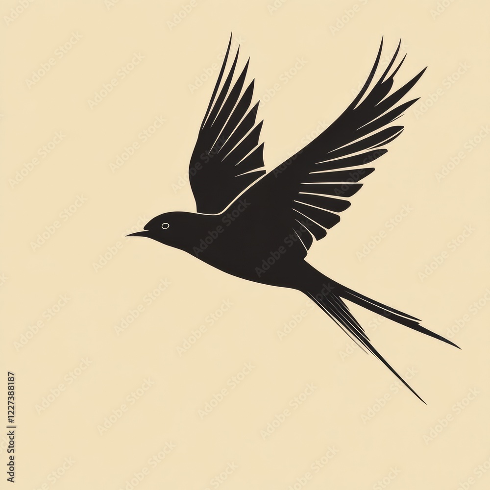 Poster stylized black bird soaring against a light background showcasing grace and freedom in flight. gener