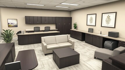 A versatile office layout with convertible furniture allowing for flexible arrangements, spacious open work areas, and dedicated focus rooms for privacy 