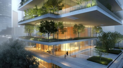 Fototapeta premium Modern architectural design featuring multiple green terraces and urban landscaping at dusk