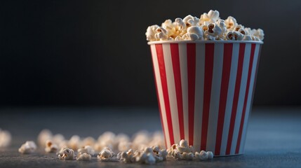 Classic striped popcorn container with fresh popcorn. Suitable for movie entertainment, snack food and cinema culture