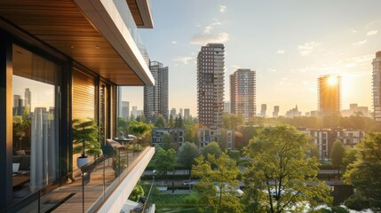 Fototapeta premium Modern urban balcony view at sunset showcasing sleek architecture and vibrant city skyline