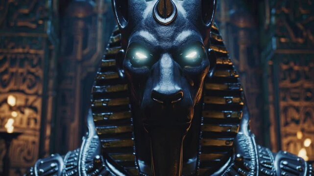 Majestic anubis statue with glowing eyes stands guard in a dimly lit ancient egyptian temple, surrounded by hieroglyphics and flickering torches, creating a mystical and evocative scene