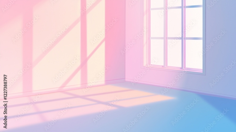 Poster sunlight gently spills through a large window, casting soft shadows on the walls, while a calming bl