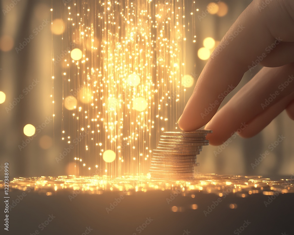 Poster A macro shot of a hand stacking coins, showcasing finance and investment themes in a detailed image.