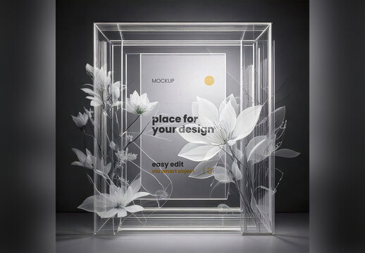Poster Page Frame Mockup Line Composition Cube with Flowers