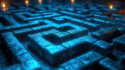 Glowing blue stone labyrinth in a dark chamber with lights