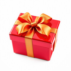 Obraz premium A bright red gift box with a satin gold ribbon and a perfectly tied bow.