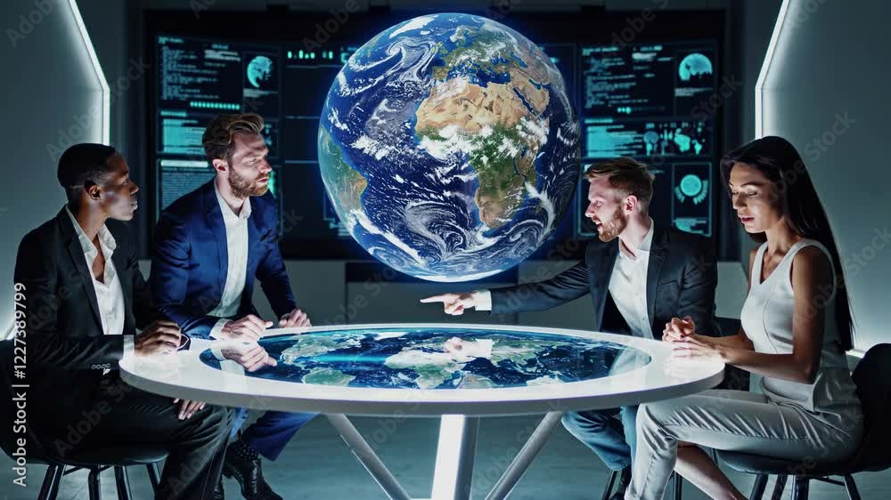 Poster four scientists are gathered around a futuristic table, analyzing a holographic projection of earth,