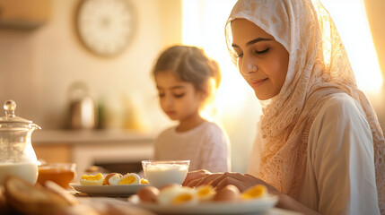 Serene Dawn Family Preparing Suhoor in Quiet Kitchen
