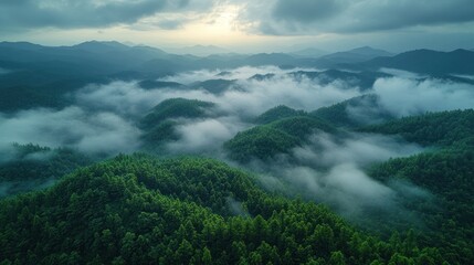 A Mystical Landscape of Verdant Mountains Shrouded in Ethereal Mist at Twilight