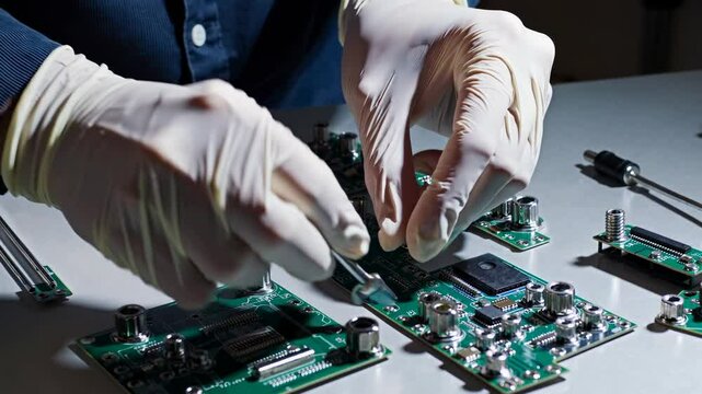 Expert technician assembles electronic circuit boards in a workshop environment