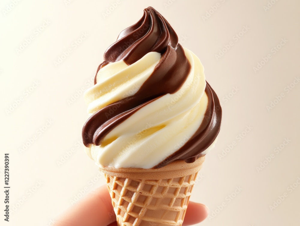 Poster Hand holding waffle cone with chocolate and cream