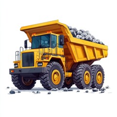 Dump Truck filled with stones isolated on white background. Dump Truck with stones. Heavy Machinery. Construction Vehicle loaded with stones. Dump Truck Design Element. Stone-filled Dump Truck.