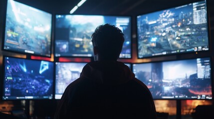 Person in dark room facing multiple screens displaying different video game scenes