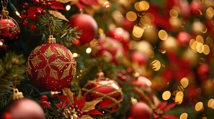 Festive Christmas tree adorned with red and gold ornaments, creating a warm holiday atmosphere