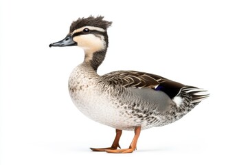 A duck with a bald head stands on a white background