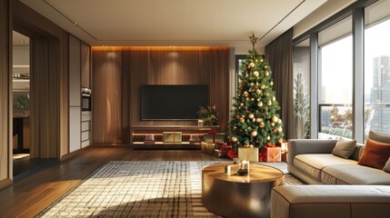 Cozy living room decorated for Christmas with a tree, gifts, and a warm ambiance in a modern setting