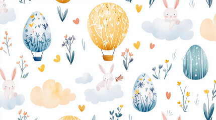 Bunnies in Hot Air Balloons Over Countryside with Wildflowers