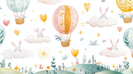 Bunny Hot Air Balloons Easter Pattern with Wildflowers and Birds