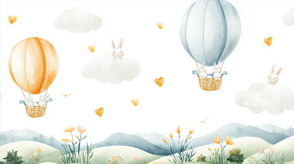 Obraz premium Bunnies in Hot Air Balloons Over Flower Fields