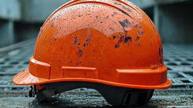 Hard Hat, Wet from the Rain:  A weathered orange hard hat sits on a metal grating, glistening with water droplets after a downpour, suggesting a day of work completed or a pause in construction.  