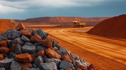 A construction site featuring a pile of rocks, red earth, and heavy machinery working on a dirt road under a dramatic sky.