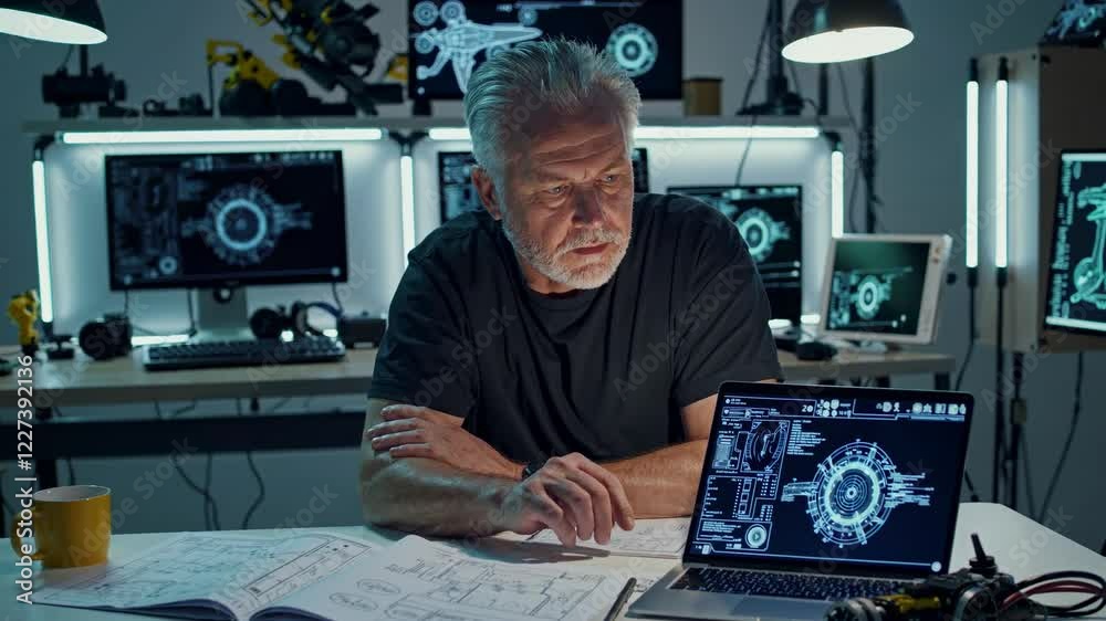 Fototapete Expert engineer analyzes complex blueprints and designs in a modern workspace filled with technology and tools