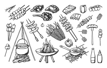 Set of barbecue equipment and food. Hand drawn outdoor grill elements. Sketch style fried meat, sauce, ribs, sausages, steak, grilled vegetables